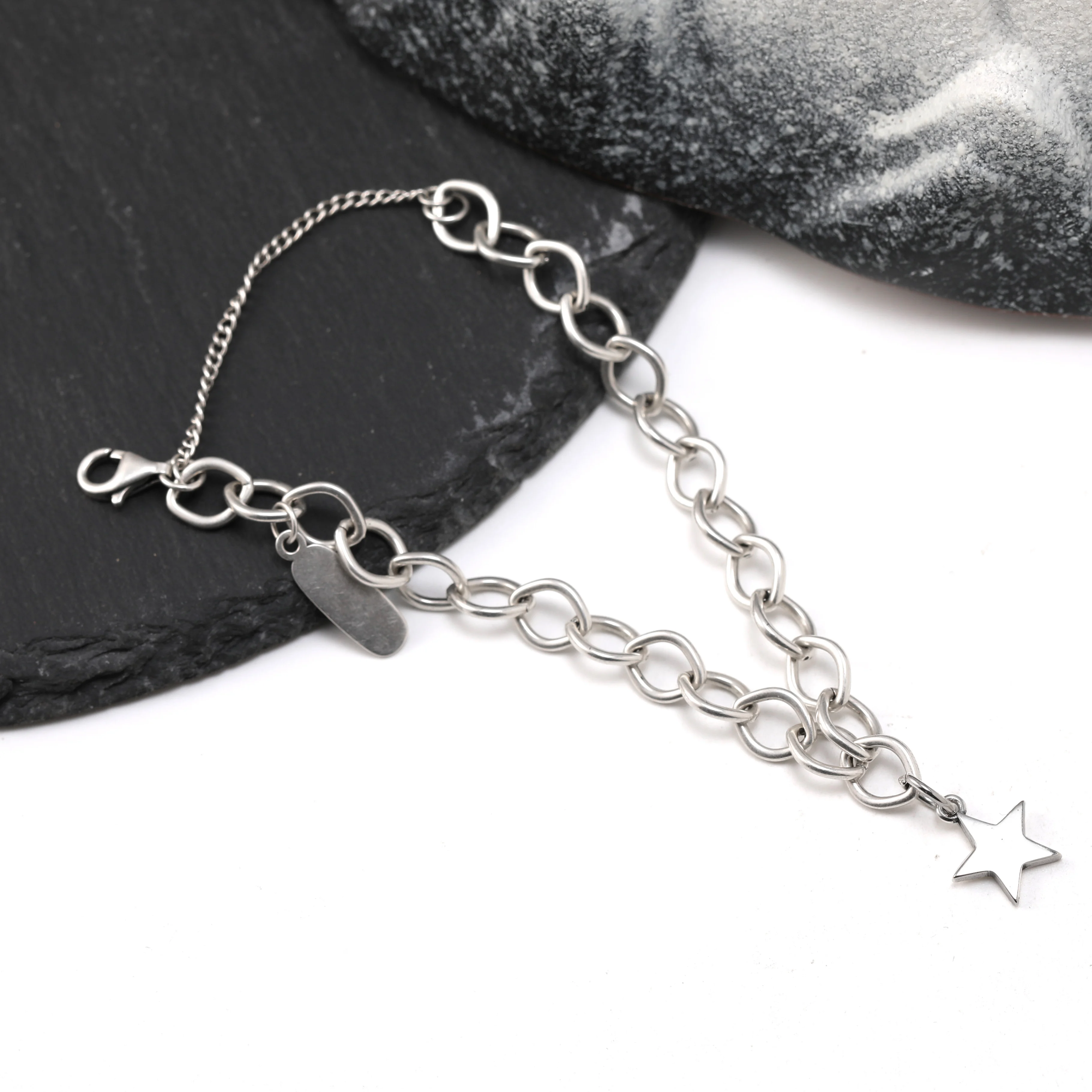 

Genuine 925 sterling silver Forged Link Charm Bracelet with star pendant