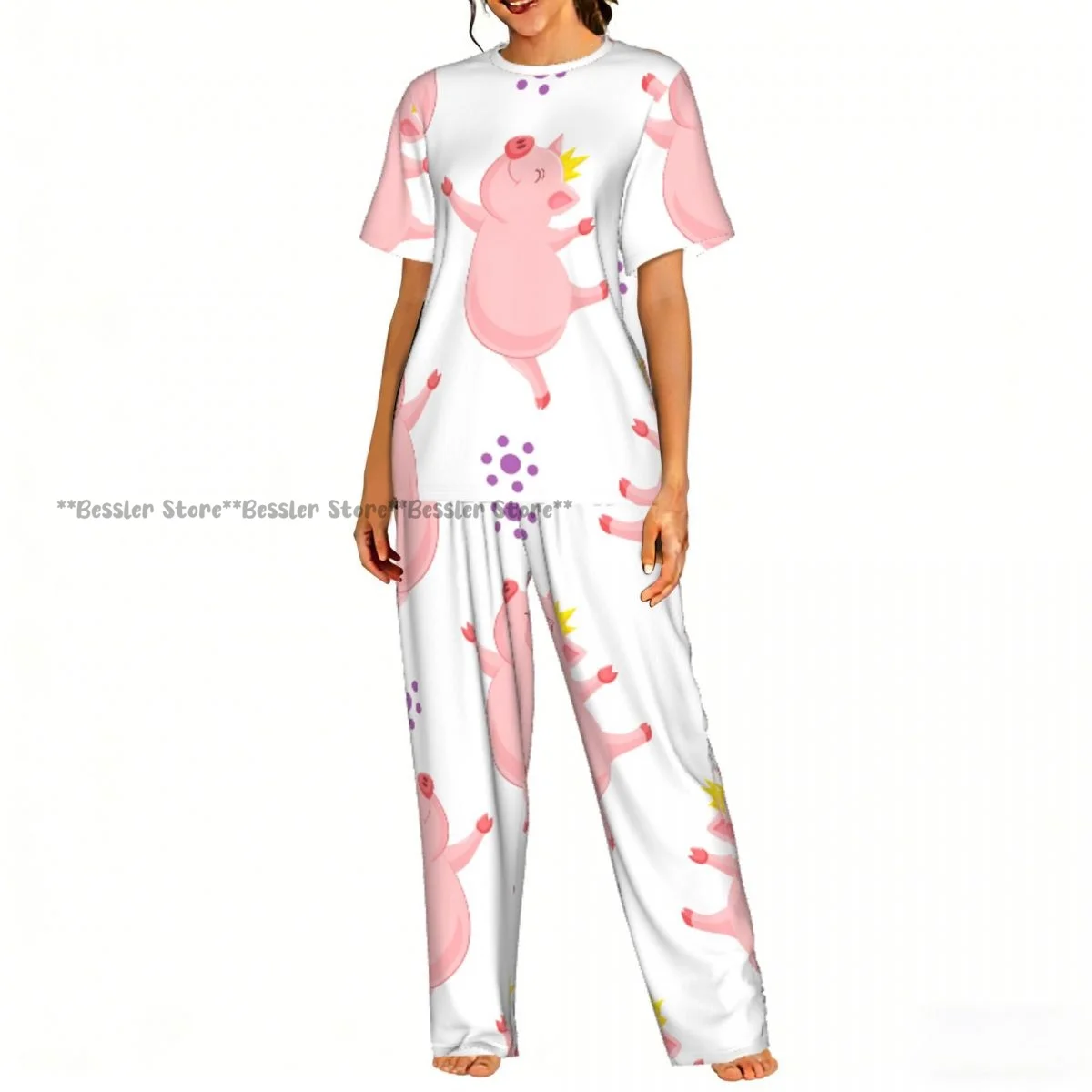 

Women's 2-piece set Pig Wearing Crown Pajamas Short sleeved Top and Pants Sleepwear