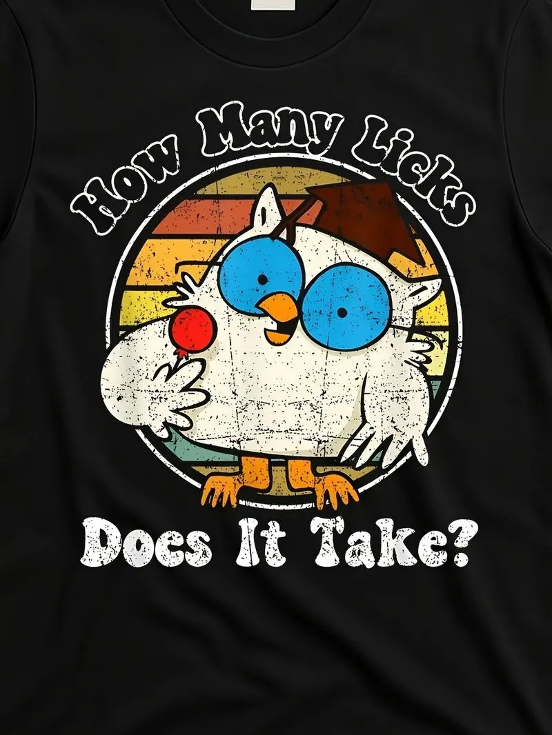 Vintage Graphic Owl Lollipop Printed Men's Crew Neck T-Shirt - White Retro Text How Many Licks Does It Take Casual Short Sleeve!