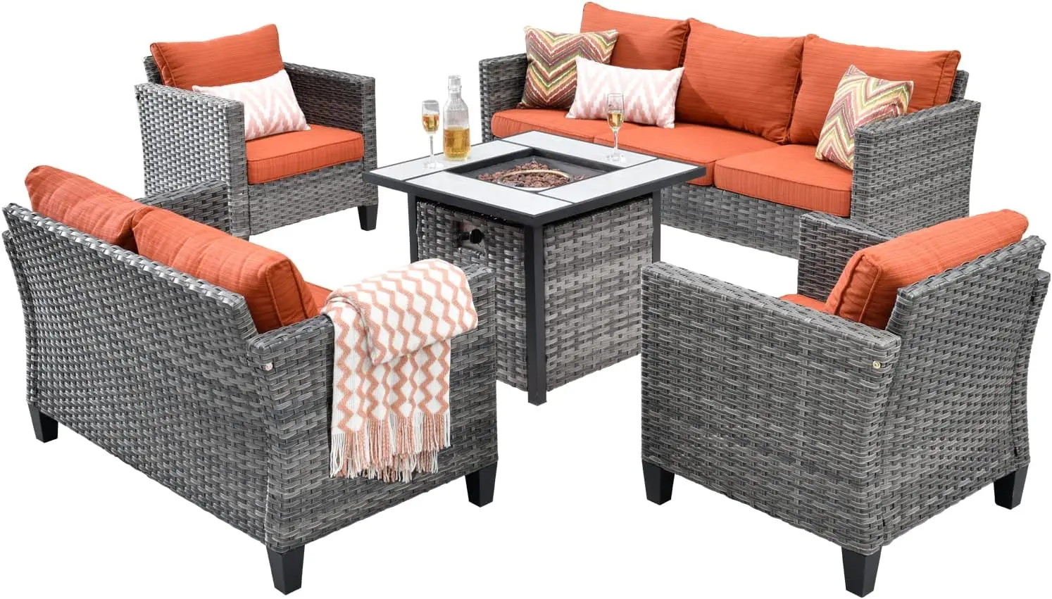 Patio Furniture Sets Outdoor Wicker Sofa 5Pieces Outside Furniture Set with Propane Fire Pit Table All Weather Rattan Orange Red