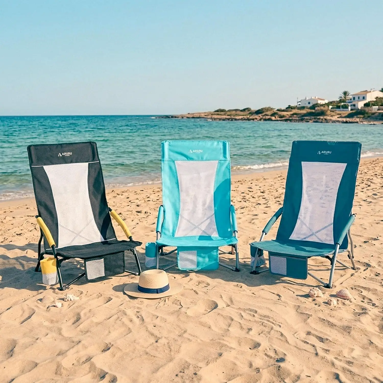 Low Beach Chairs for Adults 2 Pack High Back,Folding Portable Sling Camping with Cup Holder,Lightweight Foldable Lawn Outdoor