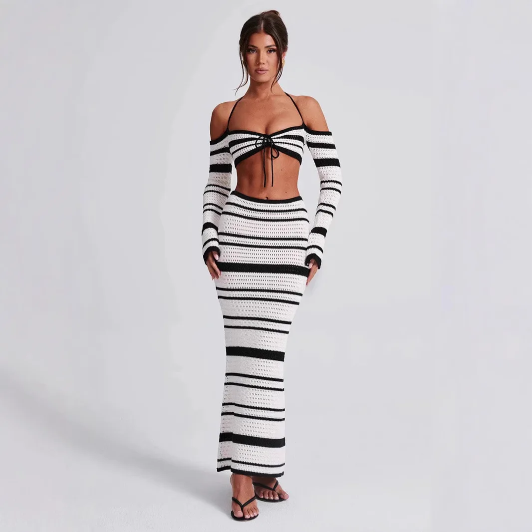 

2026 New Summer Hot Girl Women's Striped Long Sleeve Halter Top Skirt Two Piece Set Fashion Casual Outfits For Women Streetwear