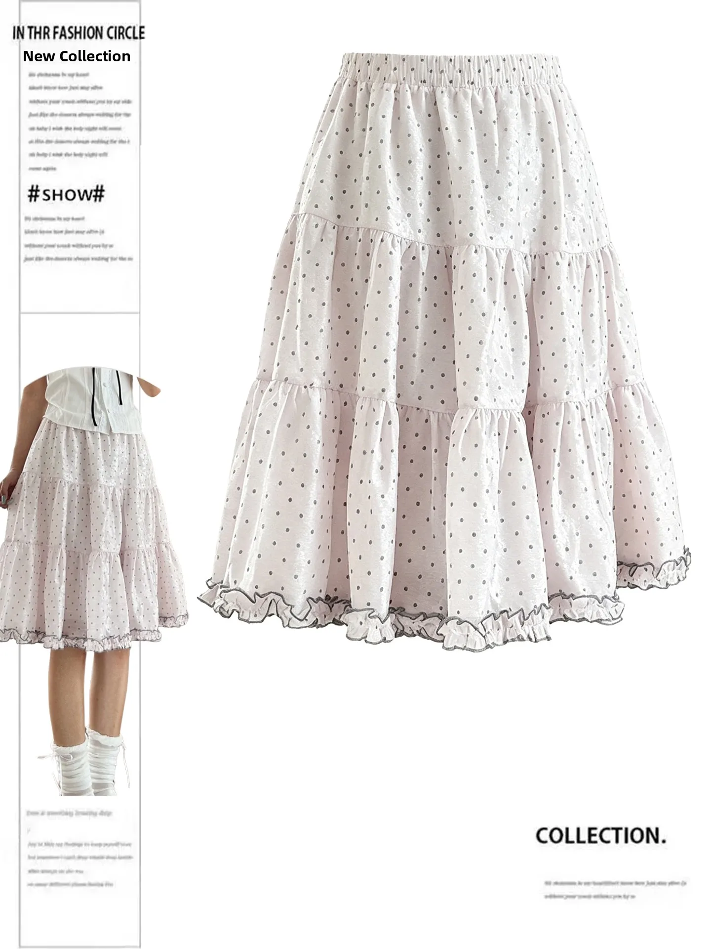 

High Waist Polka Dot Half Skirt Women's plus Size Pink Summer A-Line Cake Skirt Commute Style Short Sleeve round Neck Dress