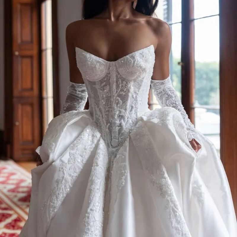 

Shiny ivory white fishtail Wedding Dresses The corset glitter lace decal off-shoulder Bridal Gowns multi-layer Made