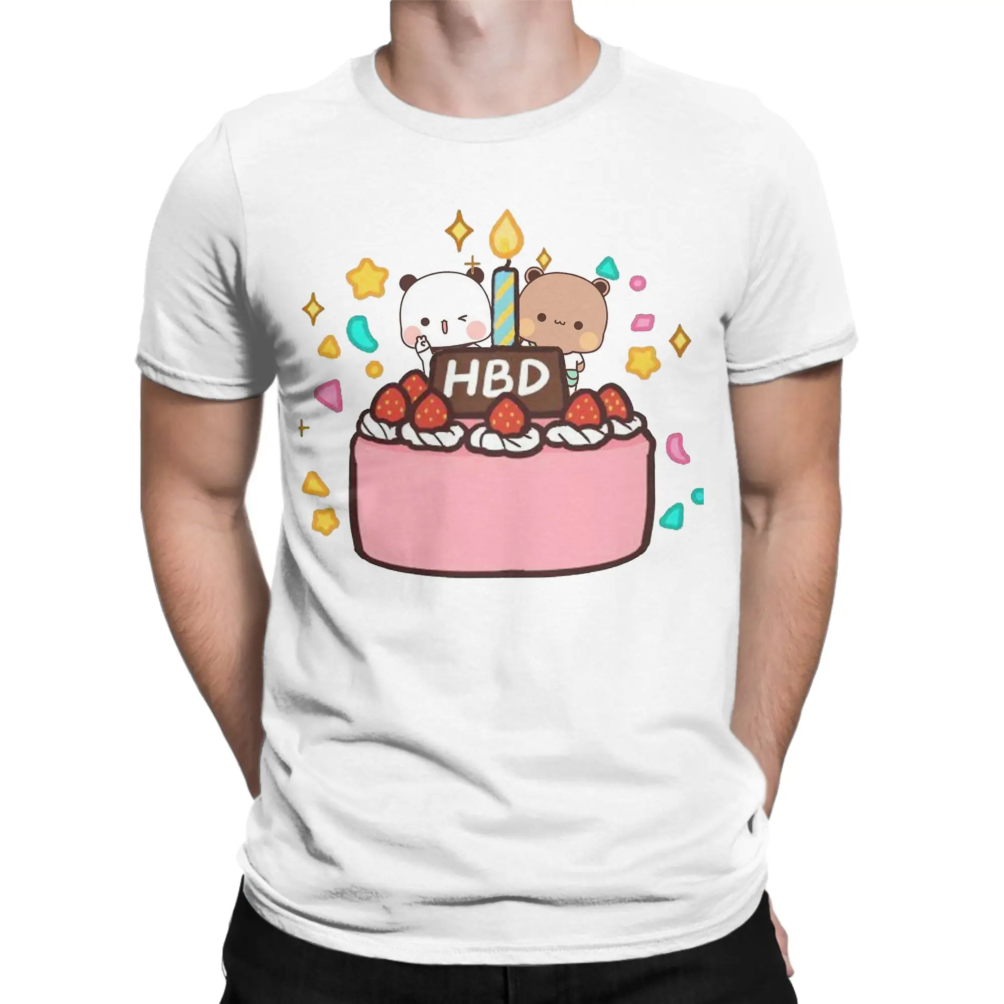 Bubu Dudu Happy Birthday T-Shirt for Men Panda And Brownie Bear Cotton Tees Round Neck Short Sleeve T Shirts Original Clothing