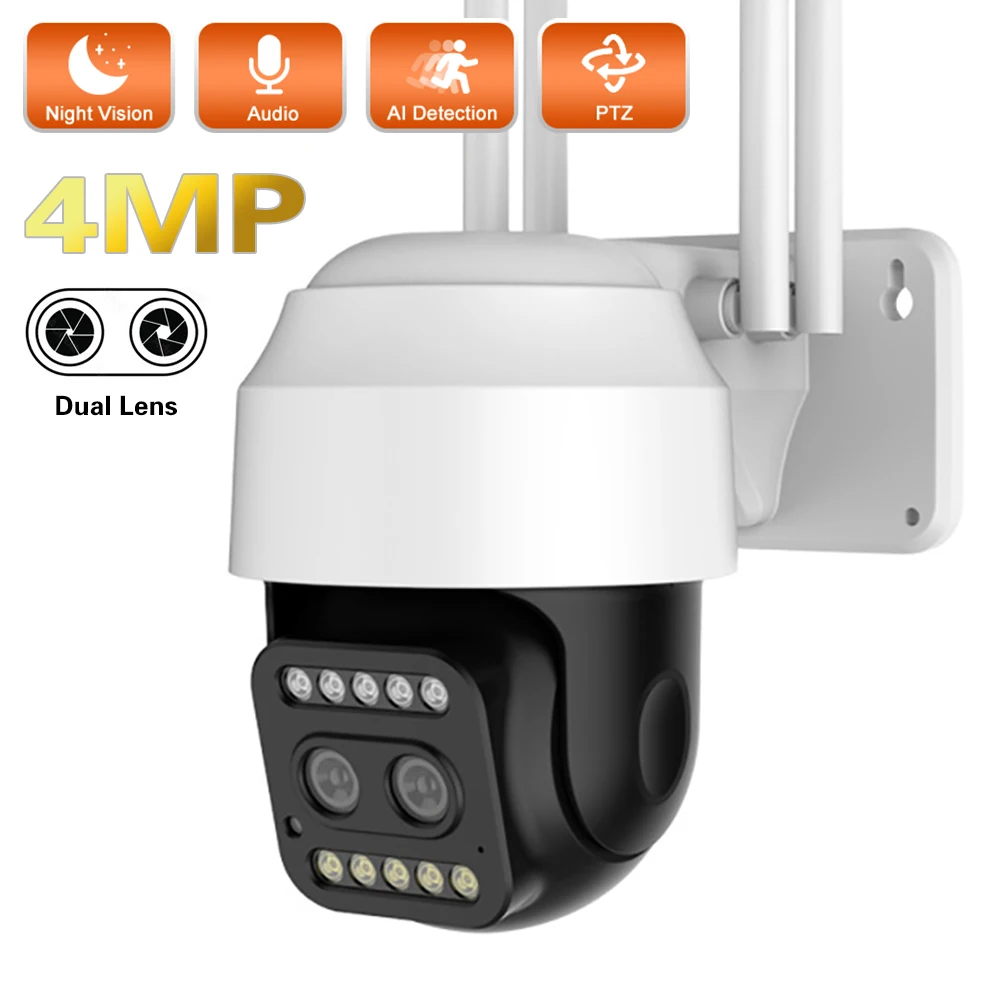 Outdoor CCTV Video Surveillance Camera, Home Security PTZ Cameras, Dual Lens, Color Night Vision, Human Detection, WiFi, IP, 4MP