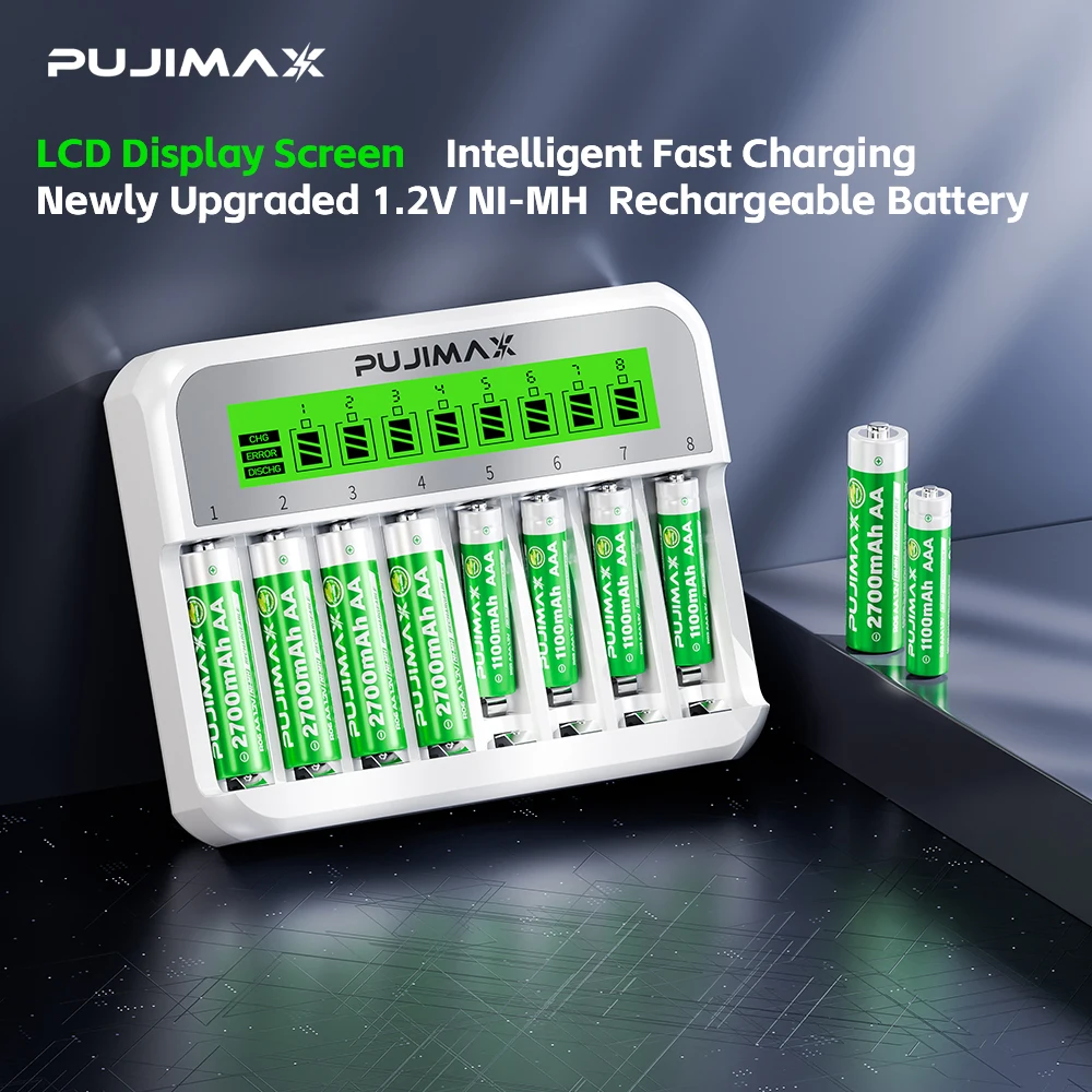 PUJIMAX 8-Slot Battery Charger With LCD Display For 1.2V AA/AAA Ni-Cd Ni-Mh Rechargeable Batteries aa aaa Charger Adapter