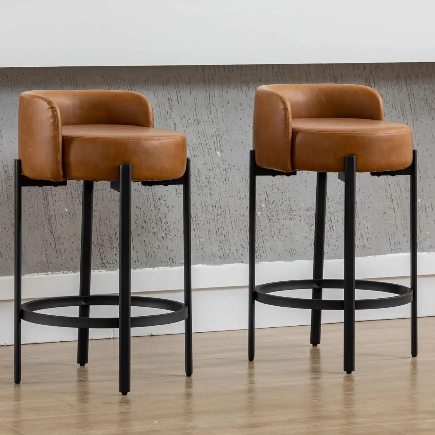 

Brown 26 Inch Leather Counter Height Bar Stools Set Of 2 Upholstered Round Shape Kitchen Island Stools With Black Metal Legs For