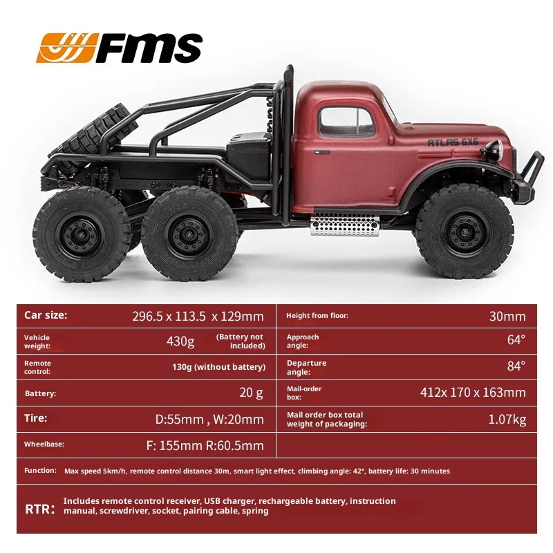 جديد 1:18 FMS ATLAS V2 RC الزاحف RC الطرق الوعرة 6x6 التحكم عن بعد سيارة RTR نسخة مقاومة للماء تسلق نموذج سيارات لعب للبالغين
