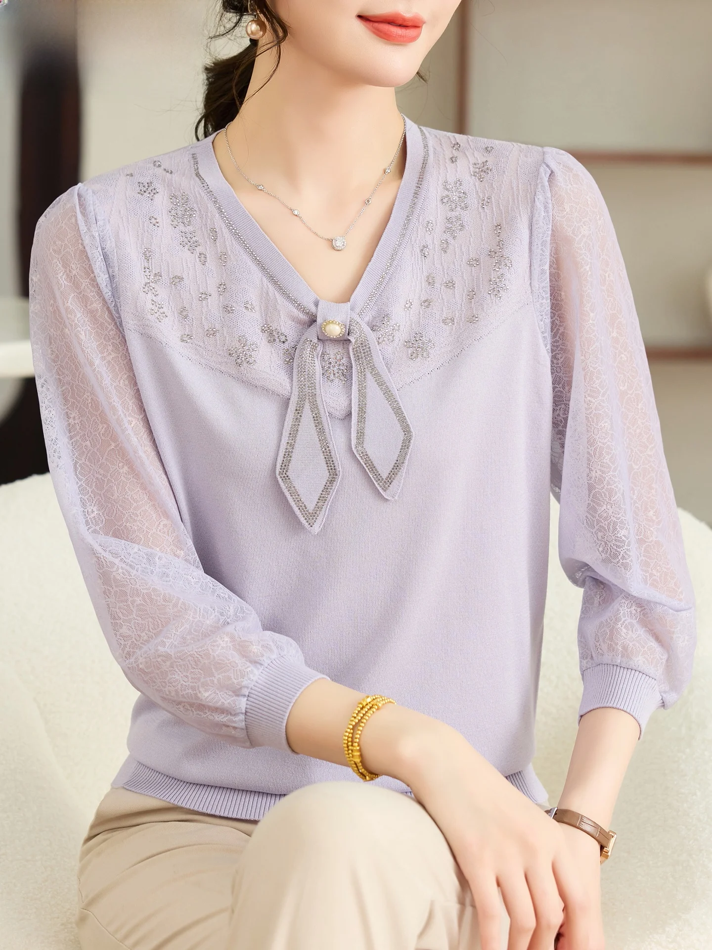 

Spring Knitted irt Young Mom Faionable Thin Svel Top for Middle-Aged And ly Women Breathable Wear Resistant