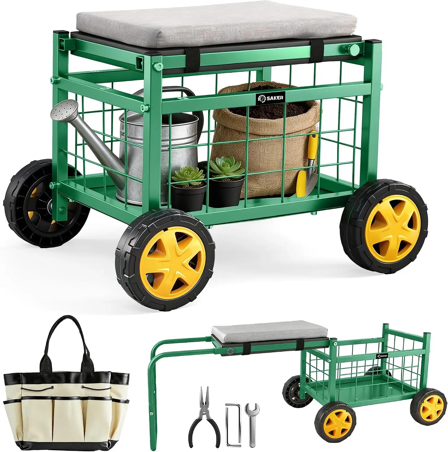 Rolling Garden Cart with Seat & Wheels 15.7