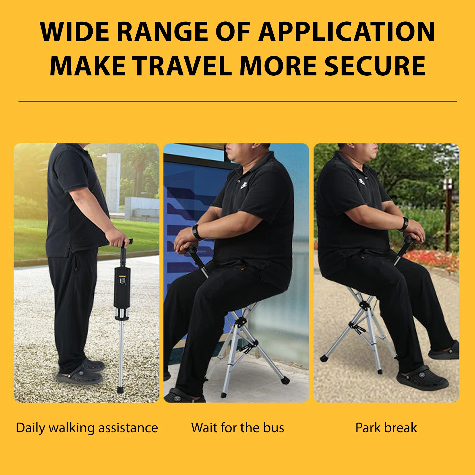 2-in-1 Walking Stick with Seat Folding Cane Stool for Elderly, Portable Mobility Aid with One-Button Open/Close