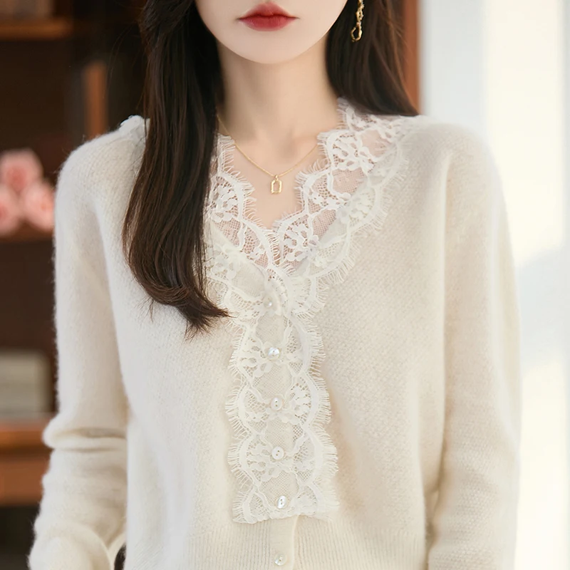 

Autumn and Winter New Women's Classic Wool Cardigan Long Sleeve V-neck Button Lace Sweater High Quality Loose Soft Top