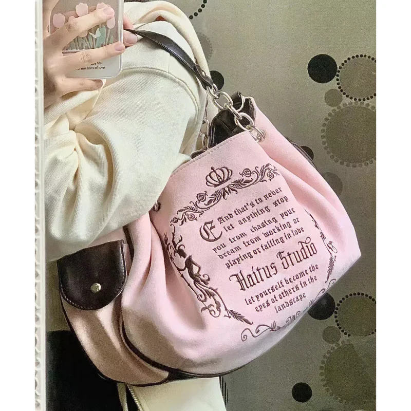 Embroidery Letter Tot Bag Women New In Large Capacity Retro Gothic Handbag Free Shiping Niche Desing Brand Soft Crossbody Bag