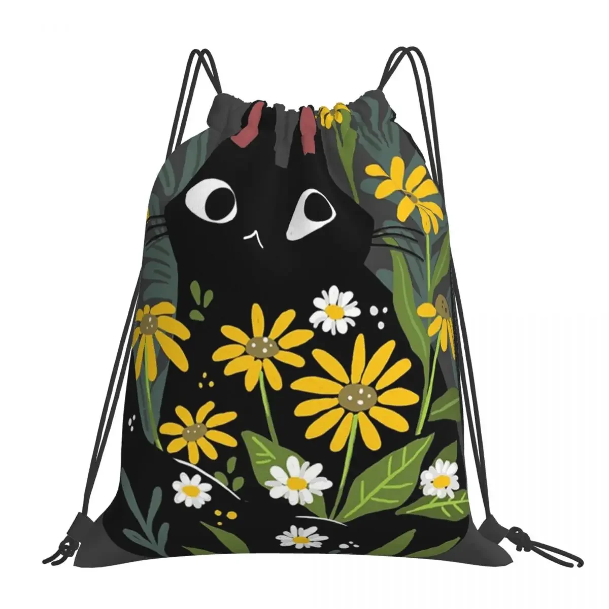 Black Cat With Flowers Backpacks Fashion Portable Drawstring Bags Drawstring Bundle Pocket Sports Bag BookBag Man Woman Students