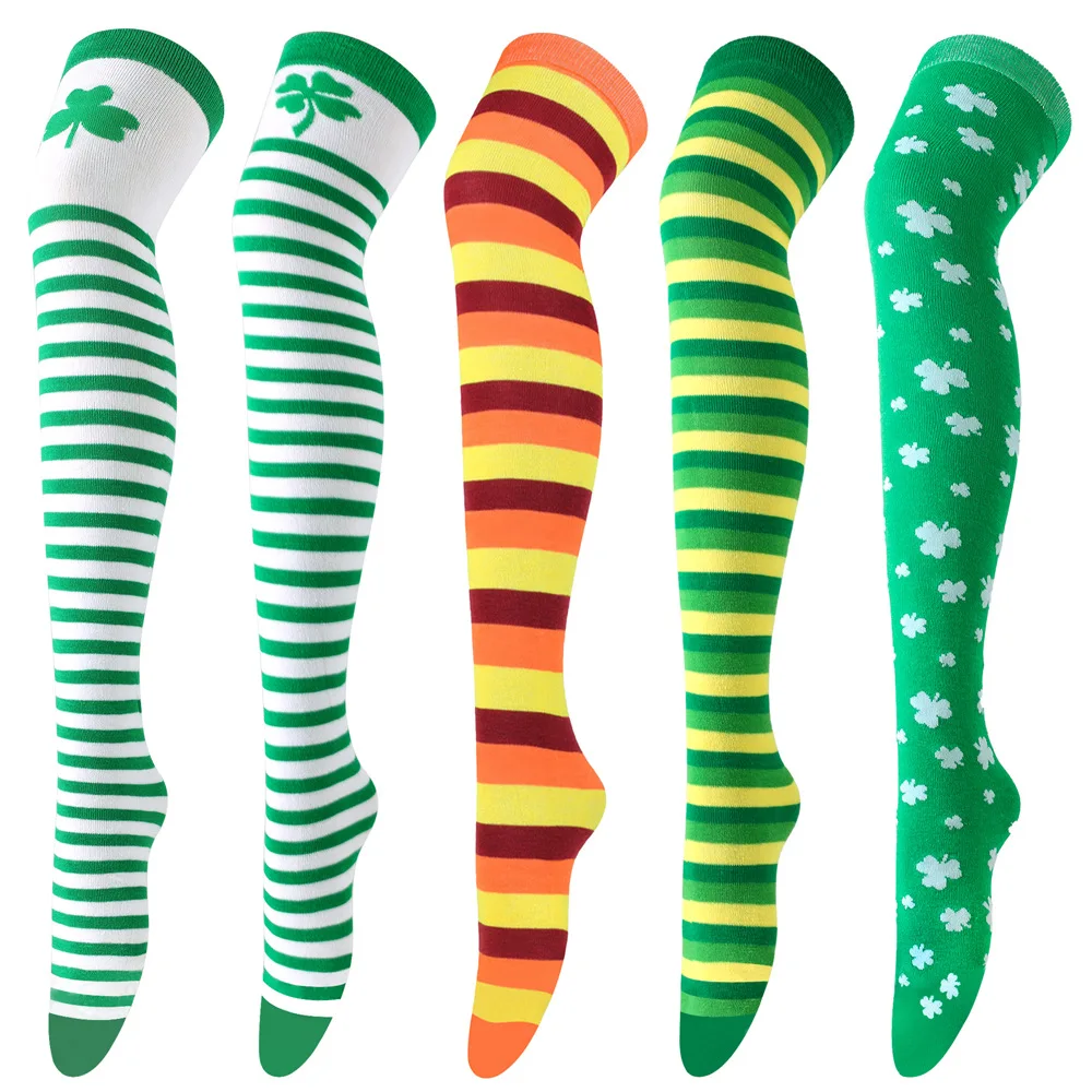 Irish Festival Green Longstocking Party Clover Over Knee Socks San Parrick Festival Lucky Grass Striped Stockings
