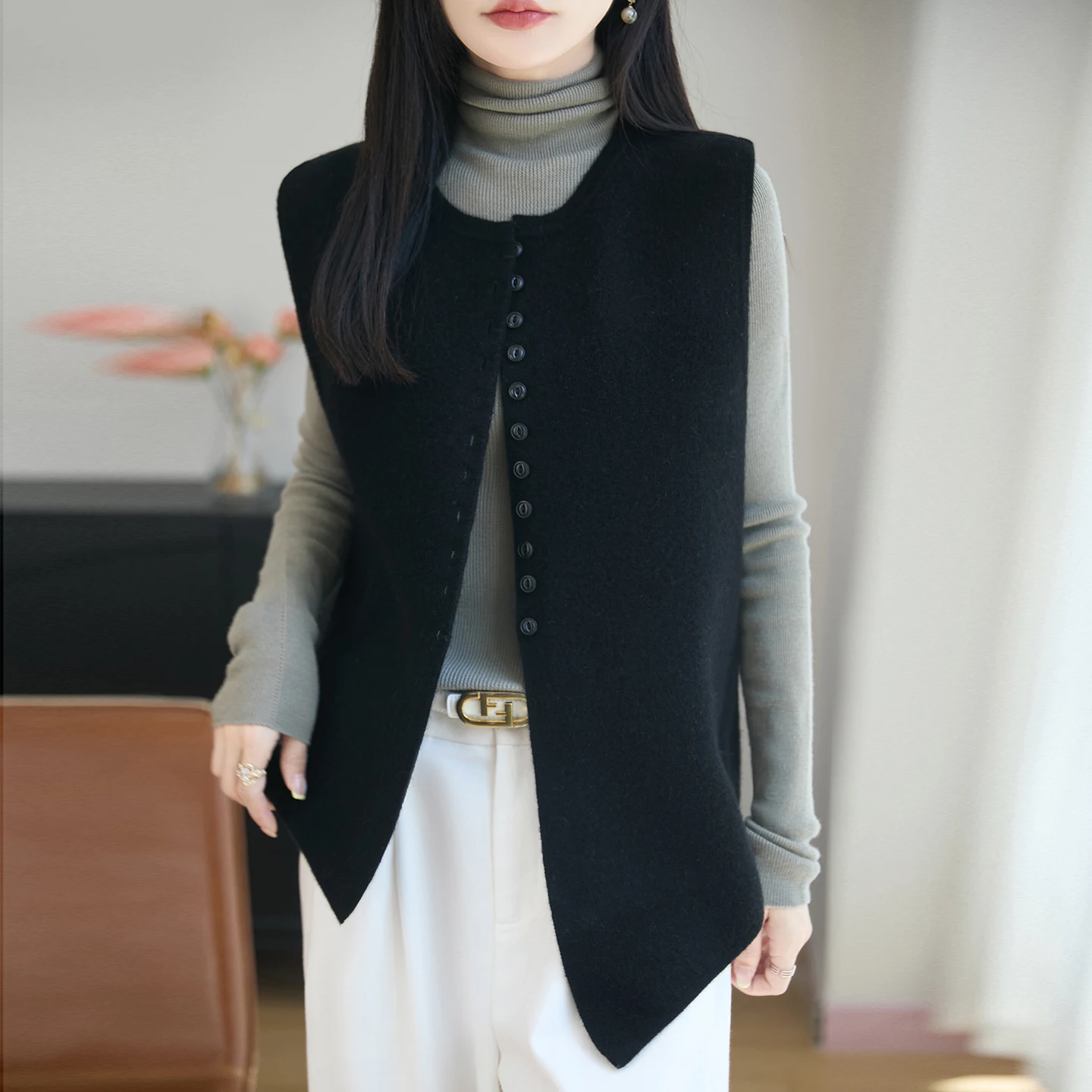 Women Merino Wool Vest Irregular Hem Knit Waistcoat 100% Merino Wool Knitwear Solid Versatile Commute Tops Elegant Autumn