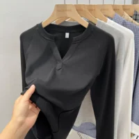 2026 Women's Basic Style Slim Fit V-Neck Long Sleeve T-Shirt Korean Style Versatile Simple Base Layer Top Casual Tee for Women - Image 2
