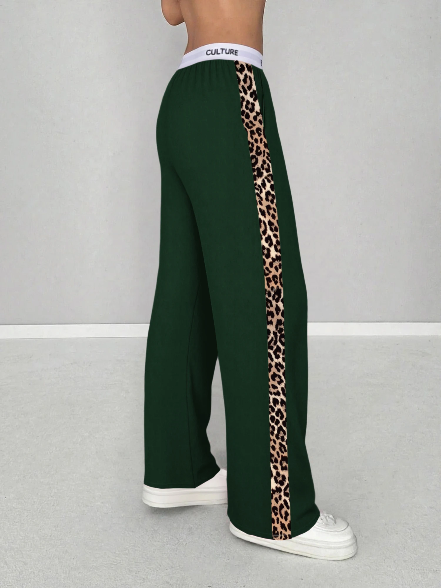 2026 Neu Heißer Verkauf Damen Leopardenmuster Seitenstreifen Weite Hose Lässige High-Waist Hose mit Schriftzug-Bund Lockerer Streetwear-Stil – Detail 21