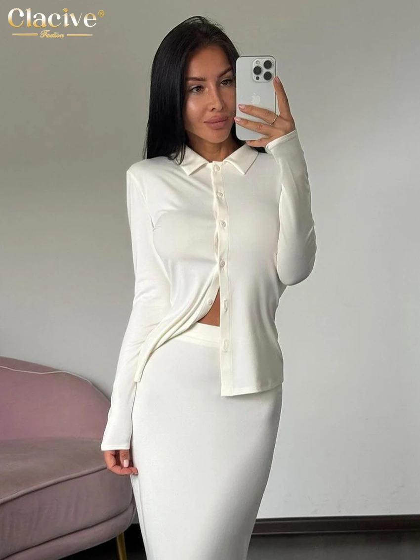 

Clacive Fashion Slim White Knitted 2 Piece Set Women Outfit Bodycon Long Sleeve Shirt With High Waist Long Skirts Set Streetwear