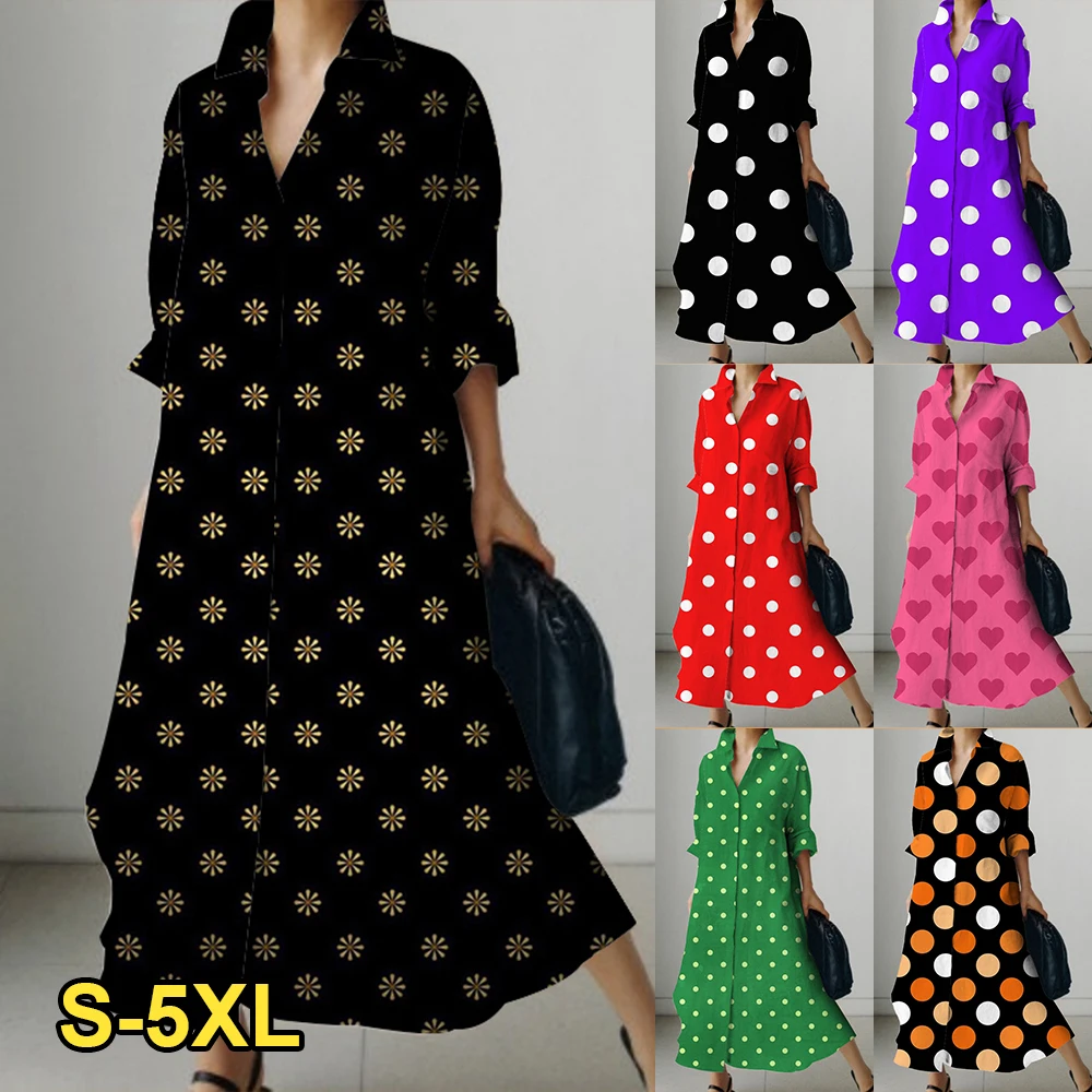 Robe chemise mi-longue à pois pour femmes, style bohème, taille haute, petite fleur, vacances, bureau, vêtements d\'automne, été, 2023