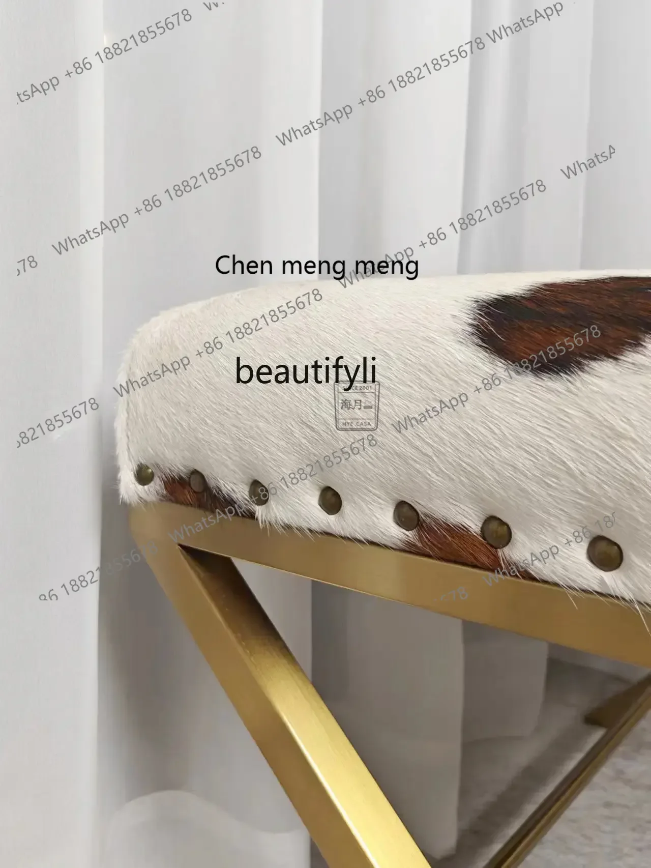 ss7486 Modern Simple and Light Luxury Nordic Cow Fur Tailstock Shoe Changing Stool Long Pedal Stainless Steel Living Room Cloakr