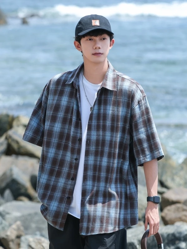 

Versatile Short Sleeve Shirt Retro Plaid Breathable Summer New Style American Retro Collar Flip Color Contrast City Walk Outdoor