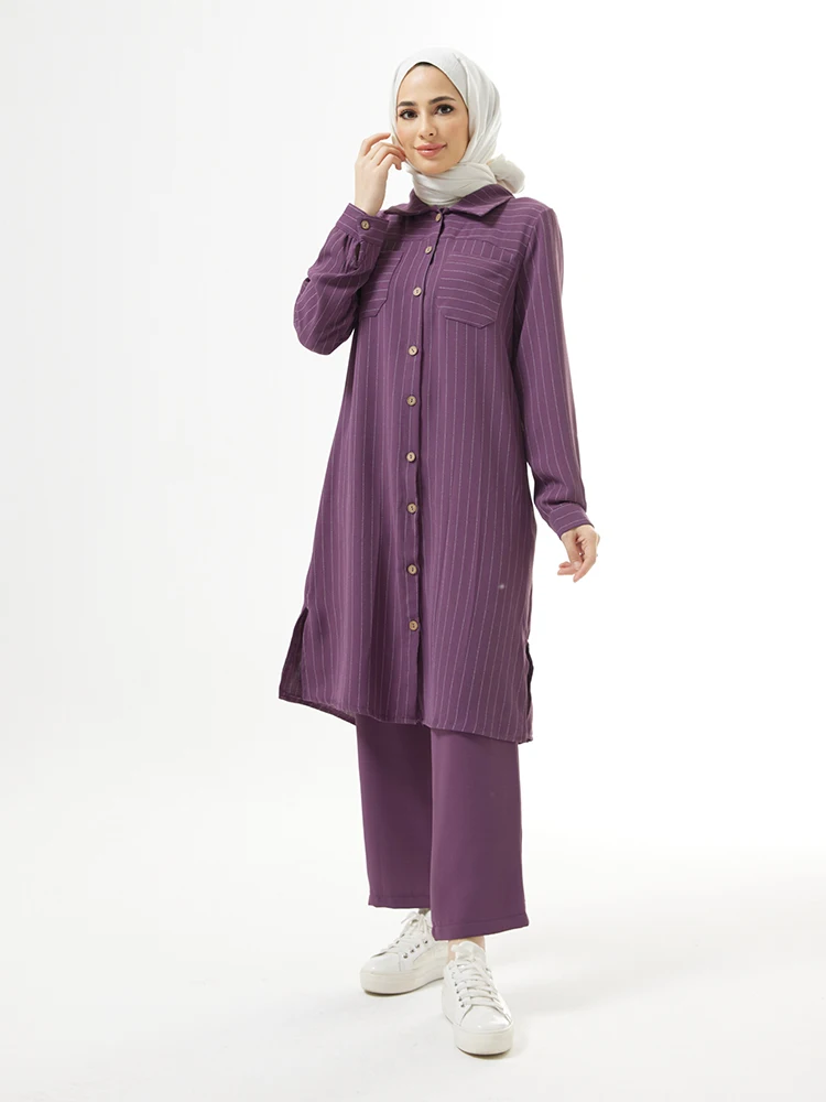 Striped Tunic Trousers Set Muslim Women Combination