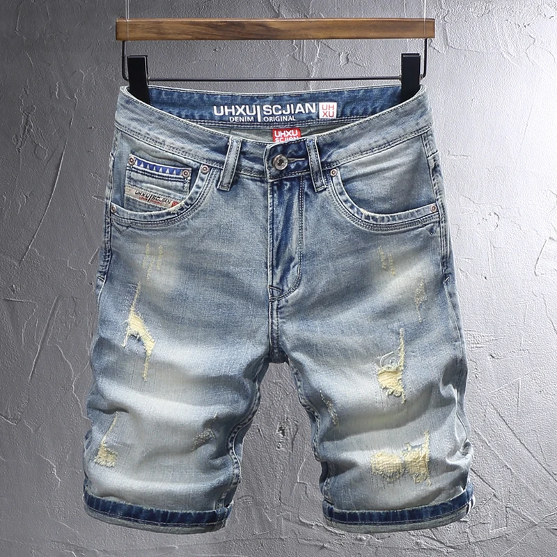 

Summer Fashion Designer Short Jeans Men Retro Washed Blue Stretch Slim Ripped Jeans Printed Designer Vintage Denim Shorts Men