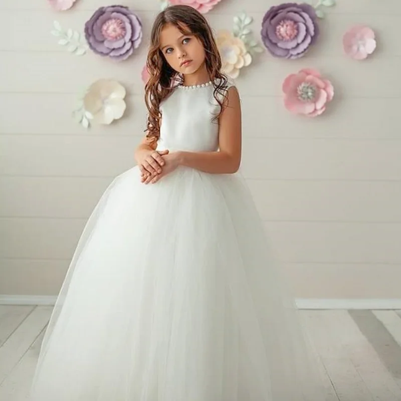 

Flower Girl Dresses White Satin Tulle Pearl Neckline With Bow Belt Sleeveless For Wedding Birthday Party First Communion Gowns