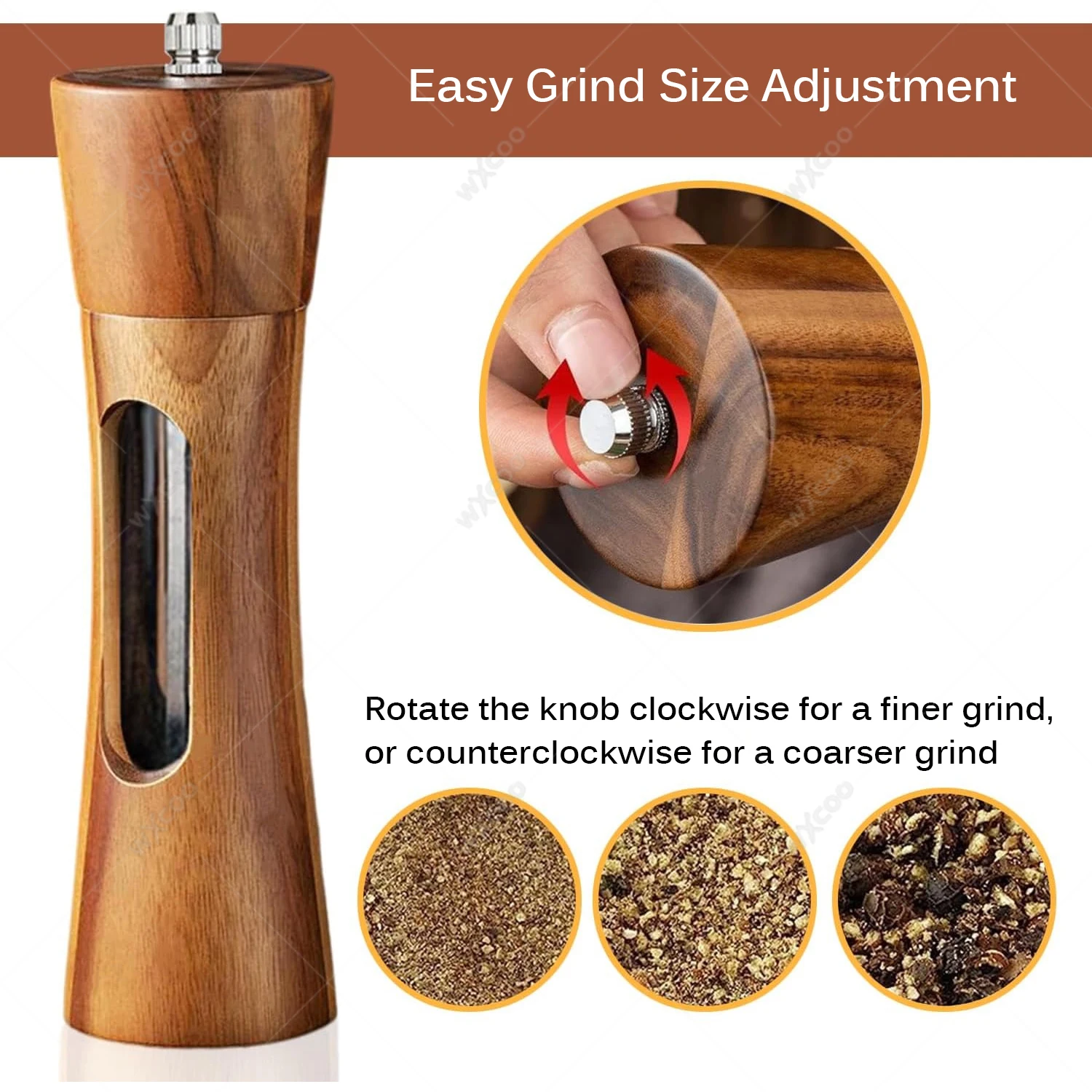 Ceramic Core Transparent Window Manual Pepper Mills Kitchen Spice Shaker Set 8inch Sets Wooden Salt and Pepper Grinder with Base