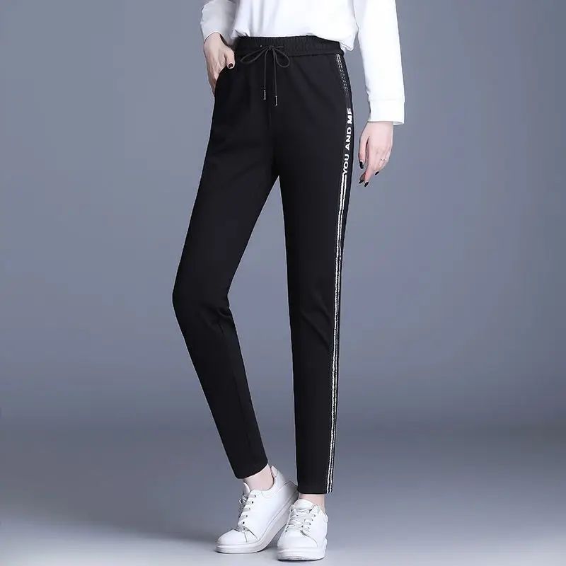 Fashion Women Solid Pencil Sweat Pants Spring Autumn Korean New Lace-up High Waist Elastic Pocket Slim Casual Straight Trousers