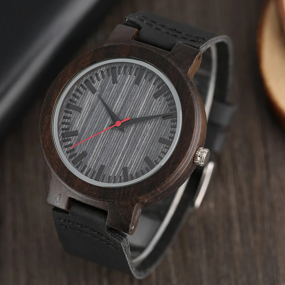 Vintage Ebony Wood Genuine Leather Watch for Men Women Stylish Casual Styles Red Seconds Simple Dial Wooden Wristwatches