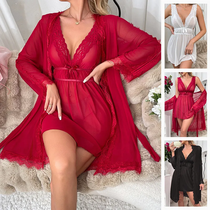 

Сексуальный свадебный комплект-двойной халат, ночная рубашка, кружевная ночная рубашка на подтяжках, летний халат, свободная сетчатая домашняя одежда