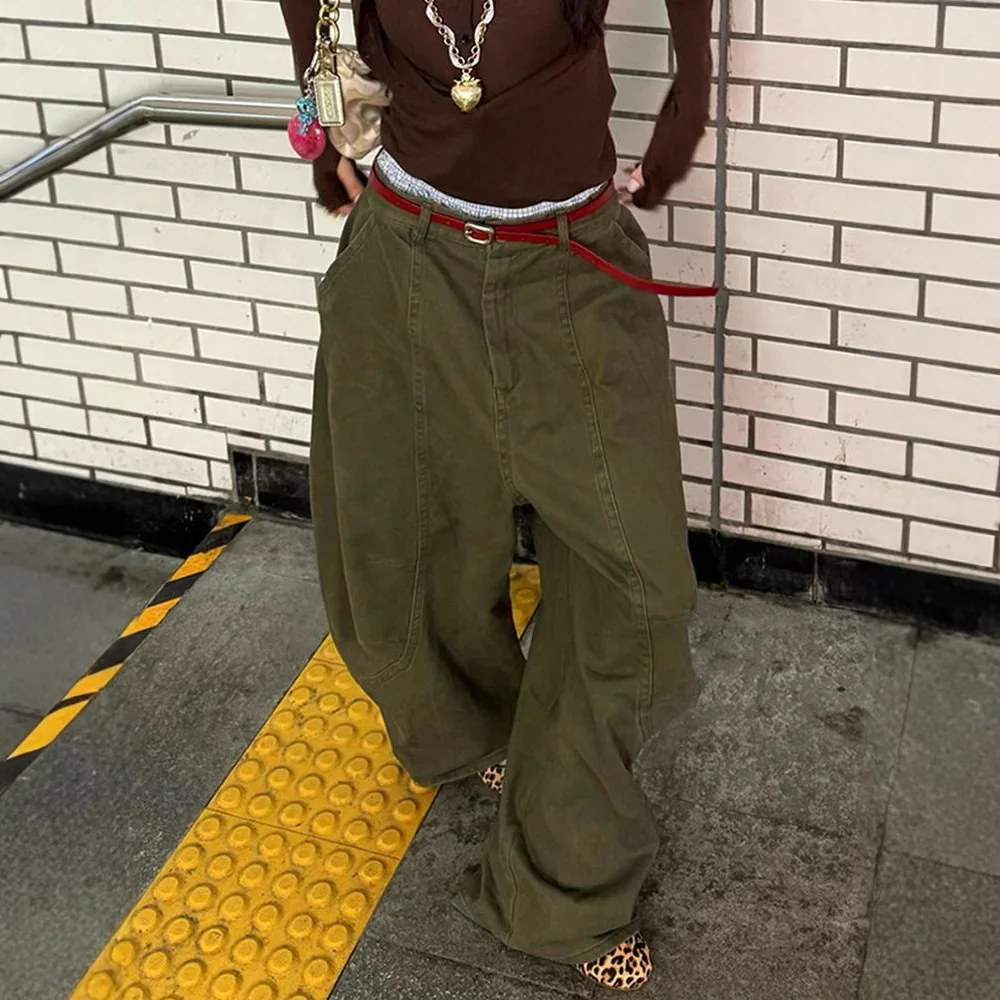 Large Size American Retro Military Green Curved Knife Work Pants For Women In 2025 Street High-End Relaxed Casual Floor Pants