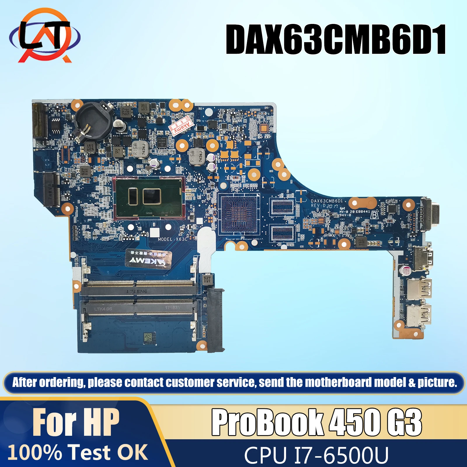 

DAX63CMB6D1 855671-001 855669-601For HP Probook 450 G3 470 G3 Laptop Motherboard DAX63CMB6C0 With I3 I5 I7 CPU DDR4