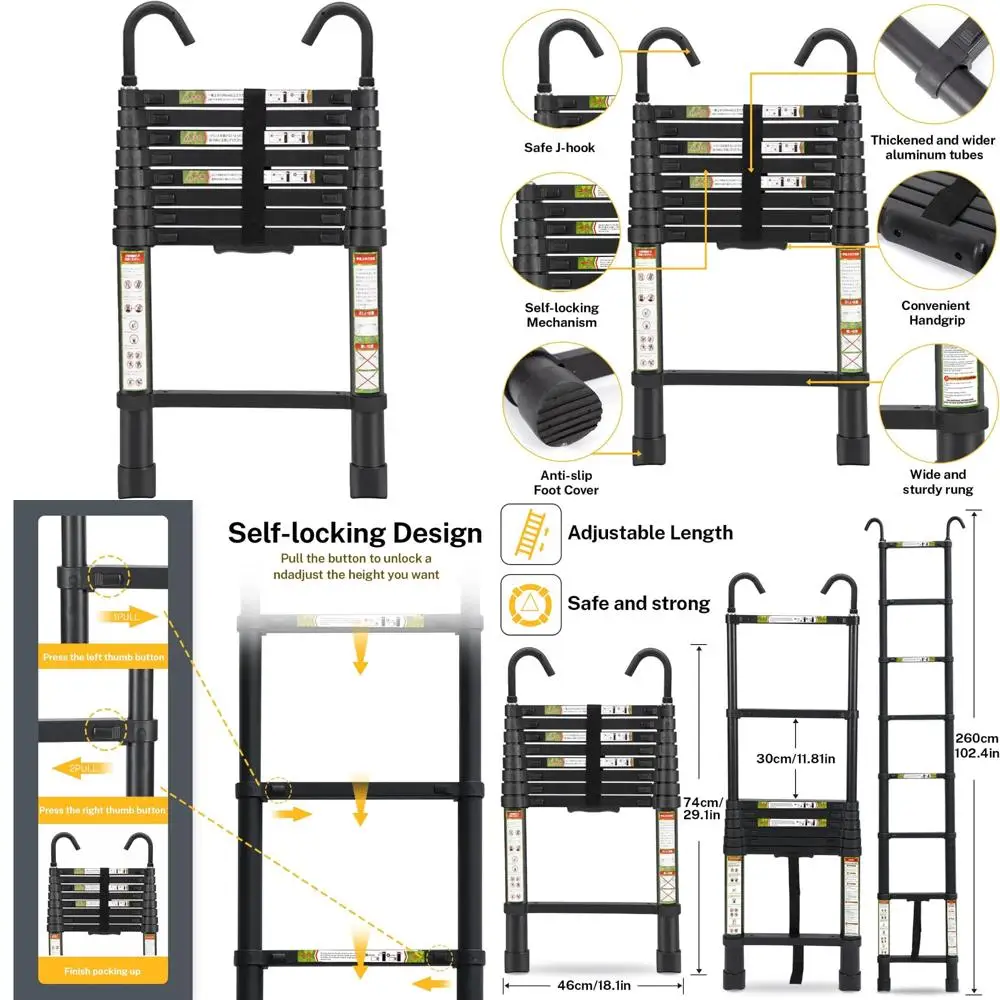 سلم تصغير محمول من الألومنيوم بطول 8.5 قدم، غير قابل للانزلاق ومستقر مع خطاف، مثالي للاستخدام في المنزل وفي الهواء الطلق #1