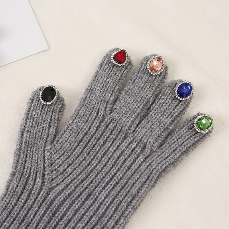 Frauen Winter Warme Gestrickte Volle Finger Handschuhe Solide Wolle Luxus Strass Mädchen Mode Touchscreen Fäustlinge Weibliche Drving – Detail 8
