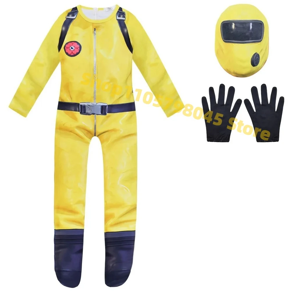 Backrooms Kis Explorer Combinaison jaune intégrale pour Halloween, tenue de fête à thème, costume de cosplay, performance scénique, déguisement