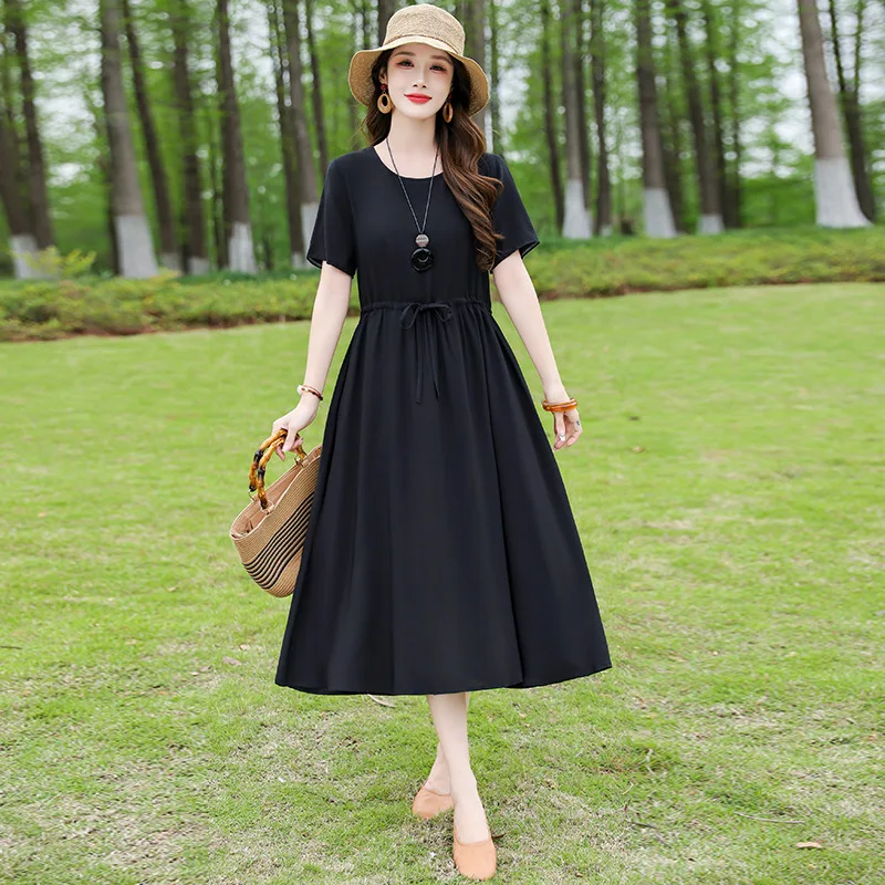 EOENKKY Women’s Plus Size Summer Midi Dress Short Sleeve Round Neck Drawstring Waist Casual A-Line Dress XL-5XL