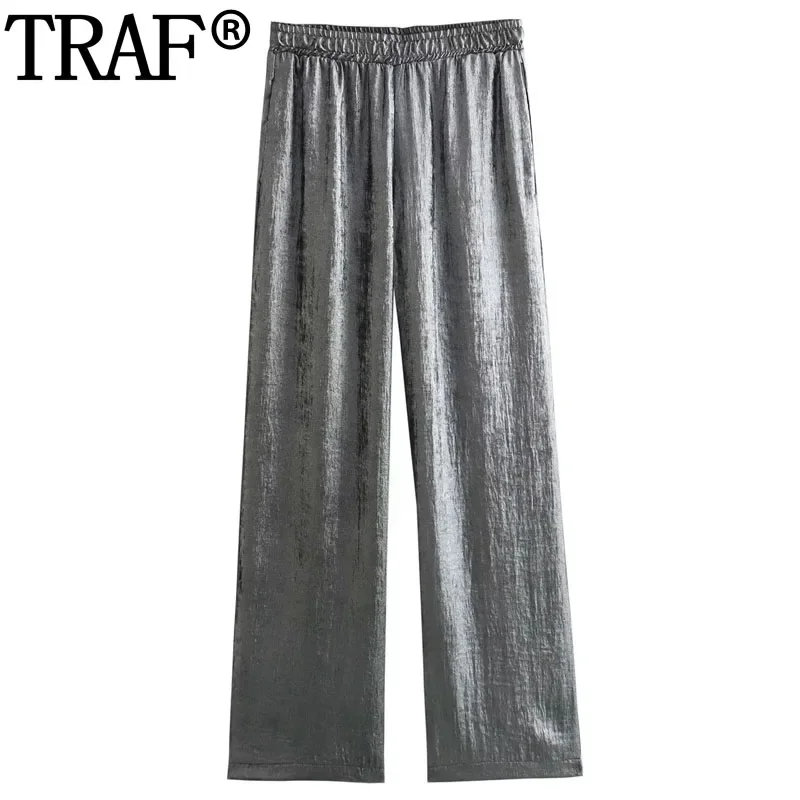 

TRAF 2024 Woman Trousers Mid Rise Foil Baggy Pants Women Autumn Casual Straight Leg Pants Pleated Silver Wide Pants Woman