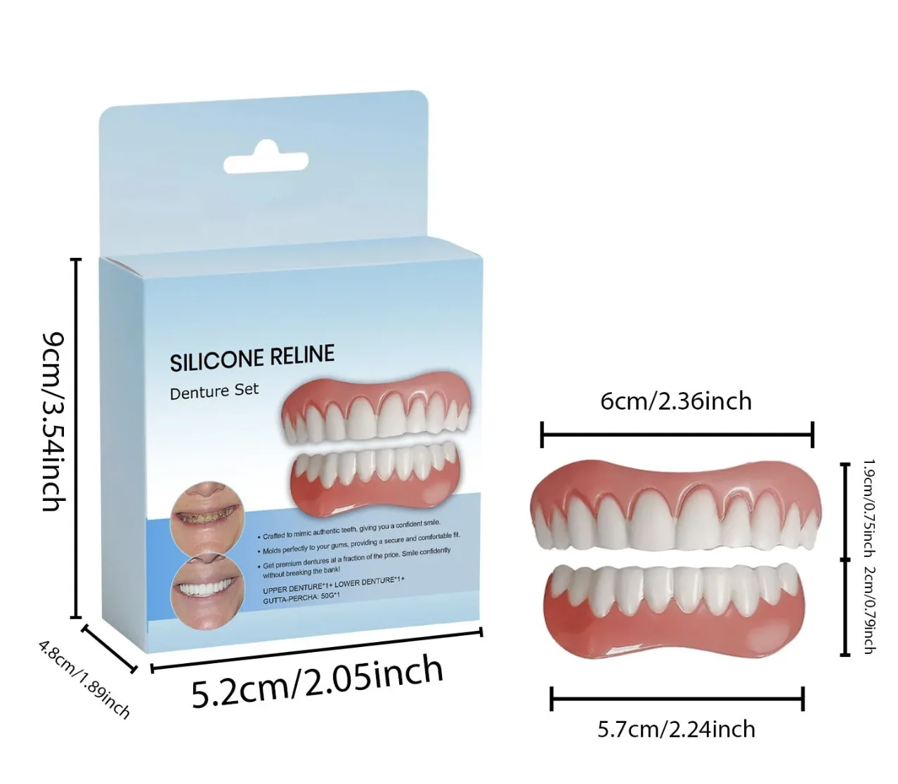 Cosmetic False Teeth Set, Silicone Reline Temporary Dentures, Upper Lower Snap On Veneers for Instant Confident Smile