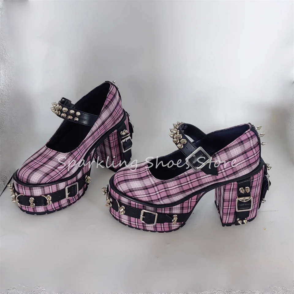 Y2K Mixed Color Checkered Women Hight Heel Mary Janes Lolita Girl Pumps Punk Rivet Metal Decor Shallow Ladies Leather Shoes