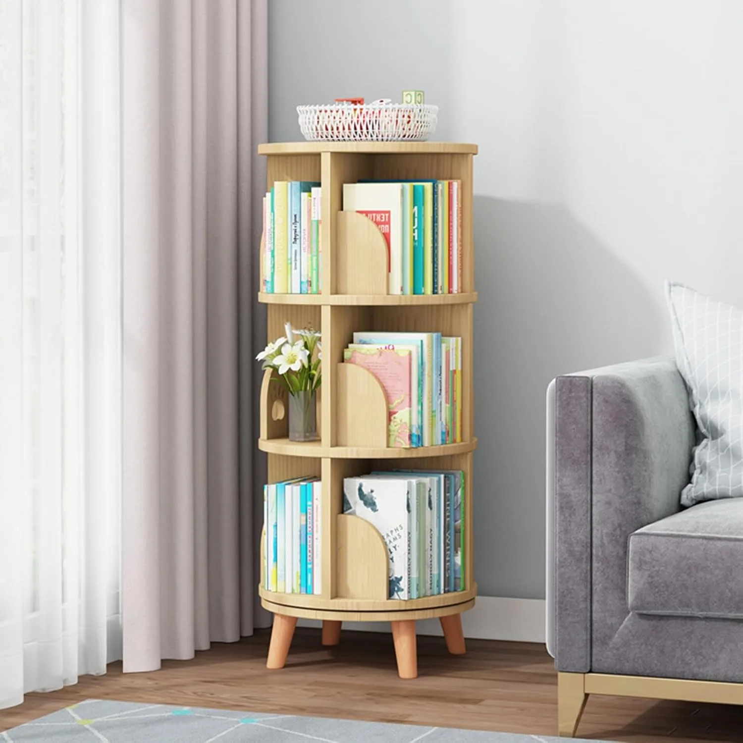 3-Tier Rotating Bookshelf with Baffle and Leg 360 Display Bookcase Multi-Functional Bookshelf Organizer for Livingroom Bedroom