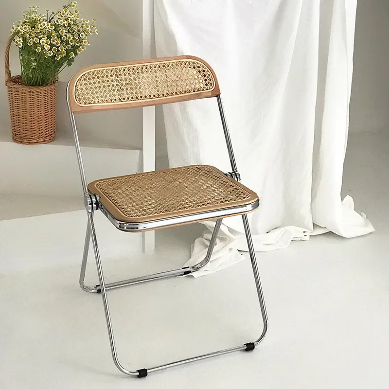 JOYLOVE Rattan Folding Chair Stainless Steel Imported Rattan Noodles Medieval Italian Design Clothing Store Photo B&B Ins