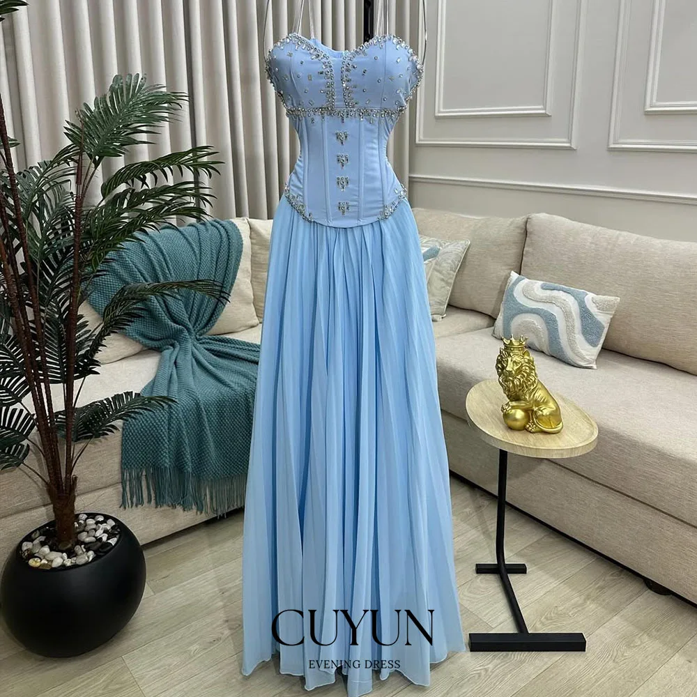 CUYUN Luxury Blue Evening Gown with Beading Strapless Patchwork Chiffon Long Prom Dresses Customized Saudi Arabic Party Gown