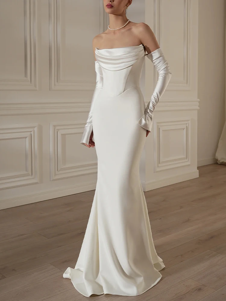 

Women Graceful Off - Shoulder White Satin Mermaid Gown with Long Gloves High Waist Slim Party Evening Dress