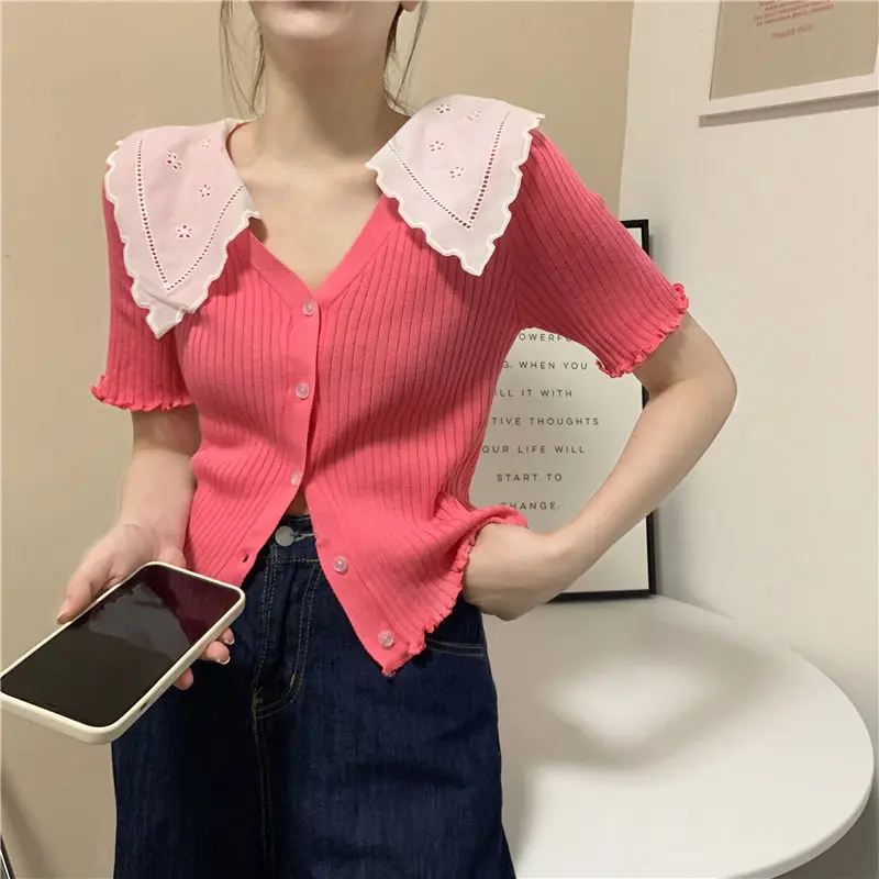 

Summer Lace Patchwork Slim Sweet Short Tops Short Sleeve Contrast Patchwork Fashion Cute T Shirts Casual Trend Women Clothing