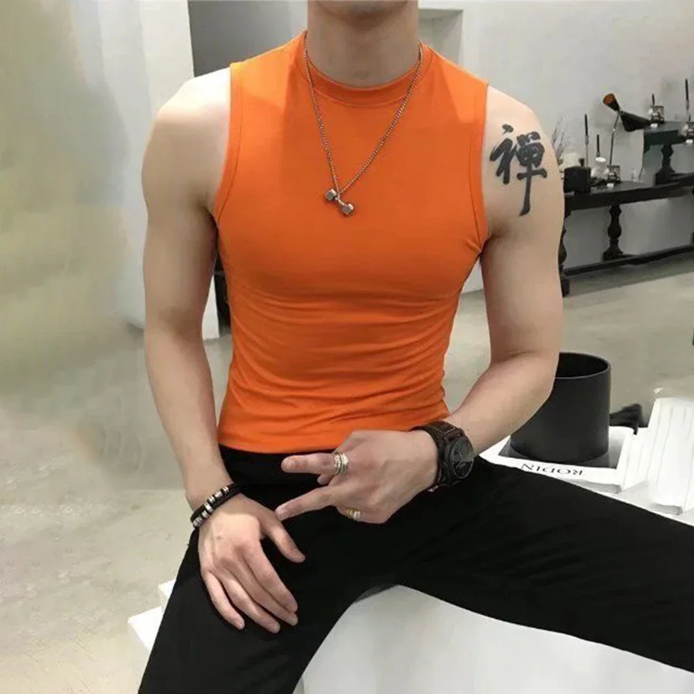 Summer Vest Men\'s Trend Tight Stand Collar Sleeveless Sexy T-shirt Top American Slim Fitness Stretch I-word Vest Bottoming Shirt