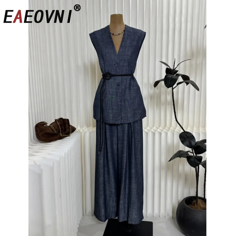 

EAEOVNI Fashion Women Two Piece Set Solid Color Sleeveless V Neck Lace-up Vest Coat + Wide Leg Trousers Temperament 2025 New